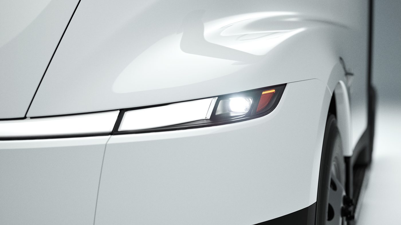 Close-up detail of the Tesla Semi's headlight and front fender