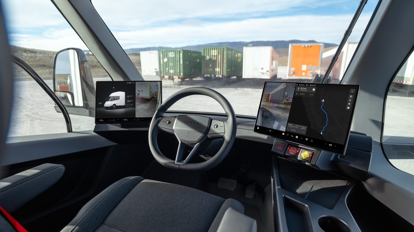 Tesla Semi cab interior with dual driver display screens